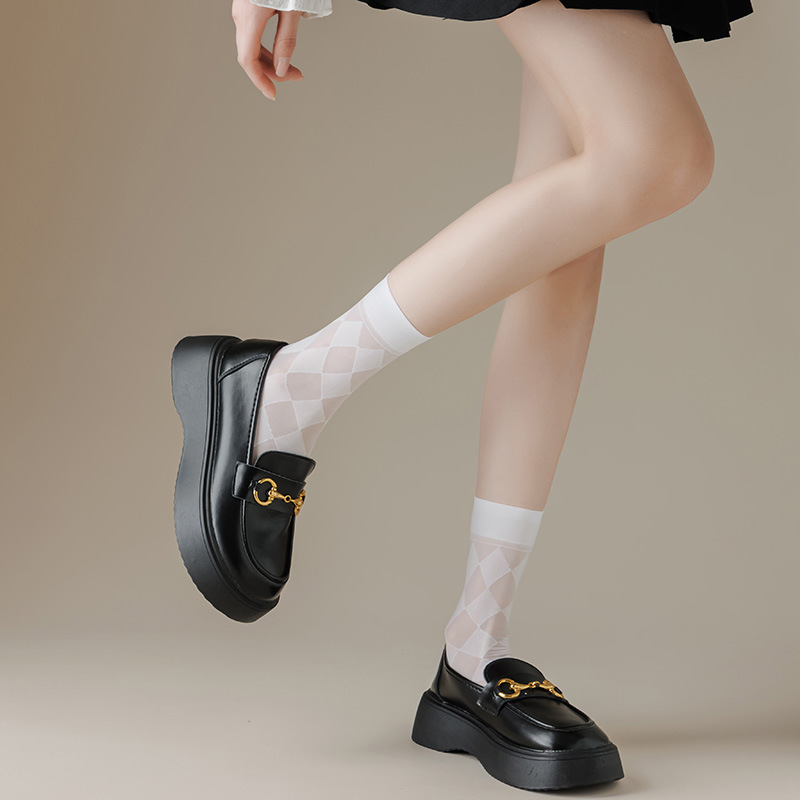 Sheer Crystal Mid-Calf Socks, Trendy Ins Style, Thin & Breathable For Summer, Japanese-style JK White Short Socks, Mesh Sandal Socks