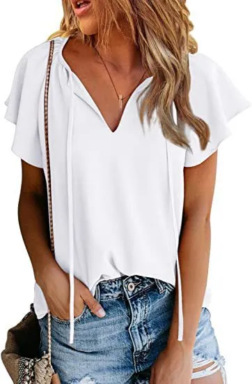Pure Color Casual V neck Chiffon Shirt Loose And Simple Short Sleeves White - Shop at LoveMi