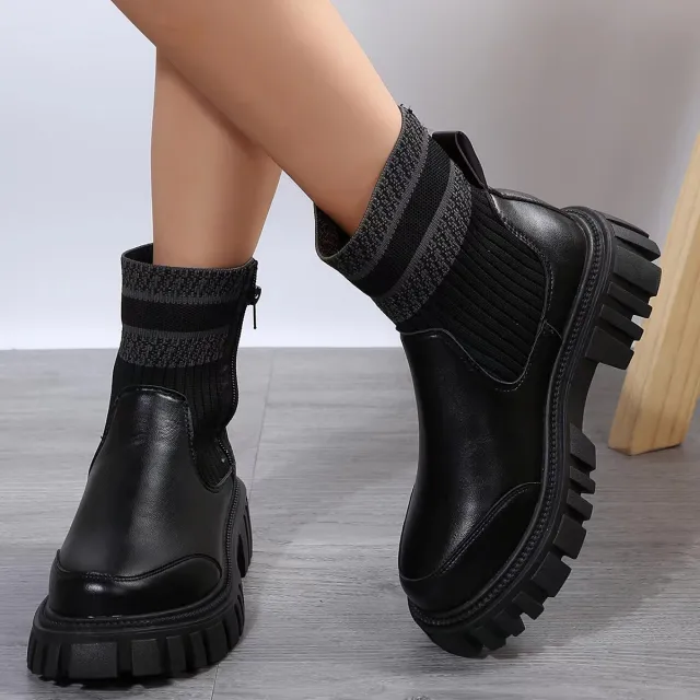 Fashion Mid tube Boots With Zipper Design Non slip Thick Sole Elastic Knitted Patchwork Boots For Women Round Toe Shoes Winter Black - Shop at LoveMi