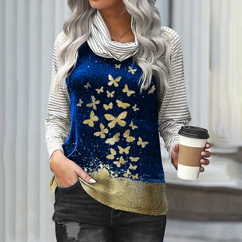 Title 7, Stitching Long-sleeved Pile Neck Top Printed T-...