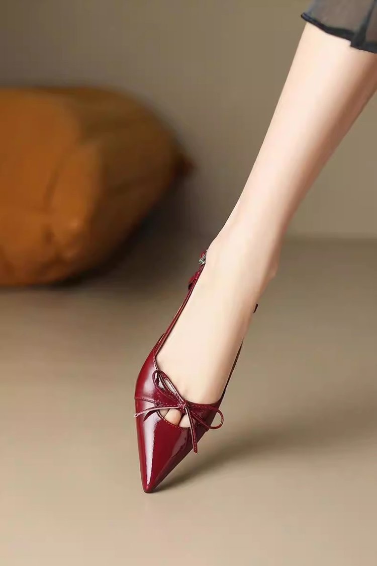 Women's Silver Pointed Toe Bow Slingback Pumps, 2024 Summer New Arrival, Closed Toe Low High Stiletto Heel Sandals