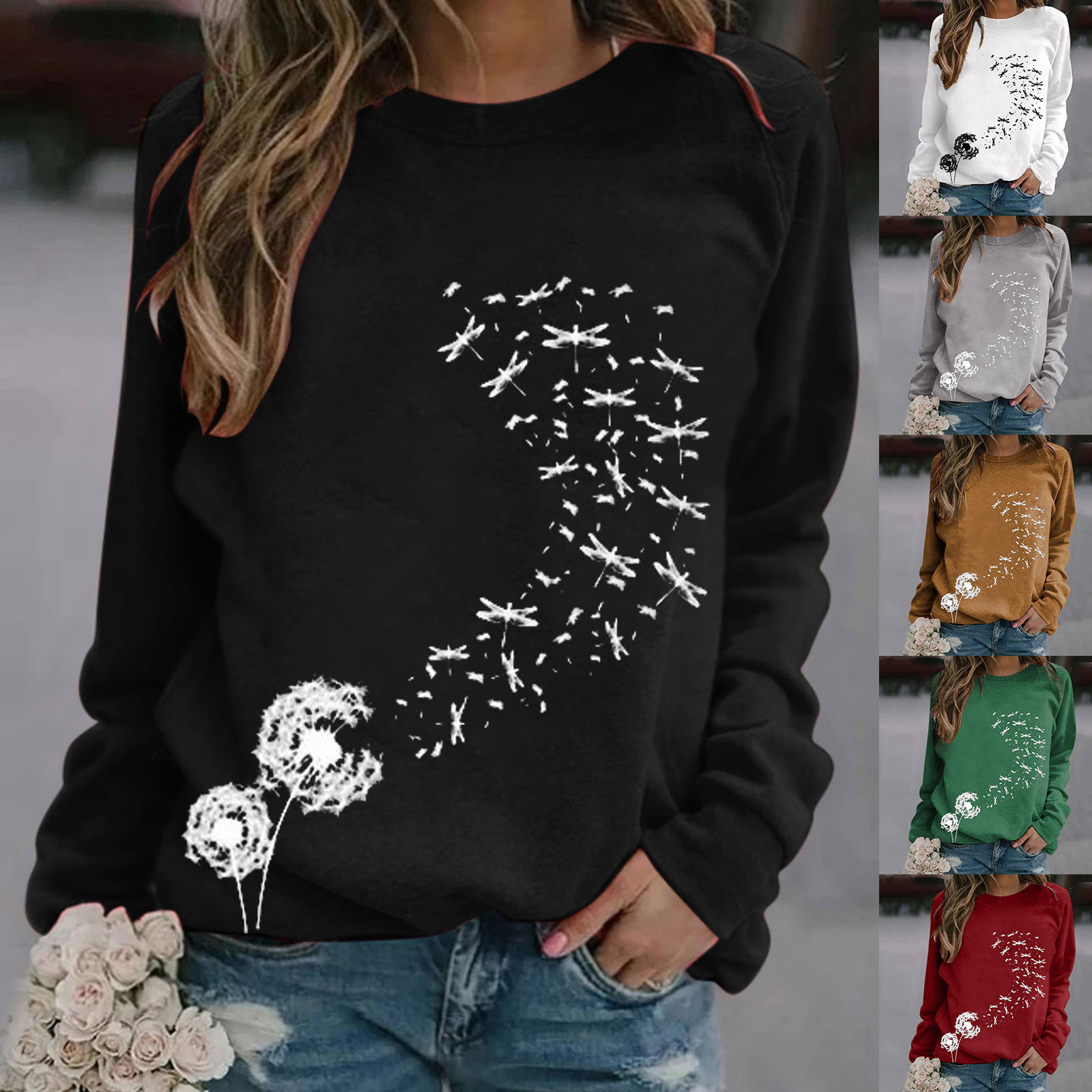 New Sweater Printed Round Neck Pullover Long Sleeve Women's Blouse Multicolor Multicode