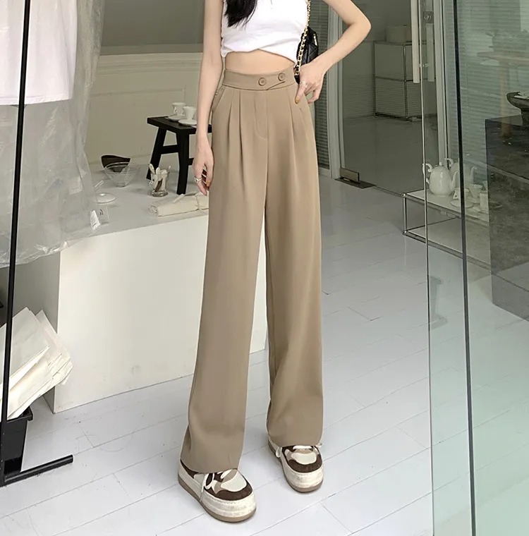 Women's New High Waist Loose Drape Suit Wide Leg Pants - Khaki