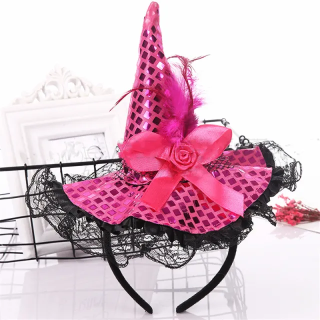 Halloween Decoration Witch Hat Headband, Masquerade Show Lace Sequin Hat Headband Rose Red - Shop at LoveMi