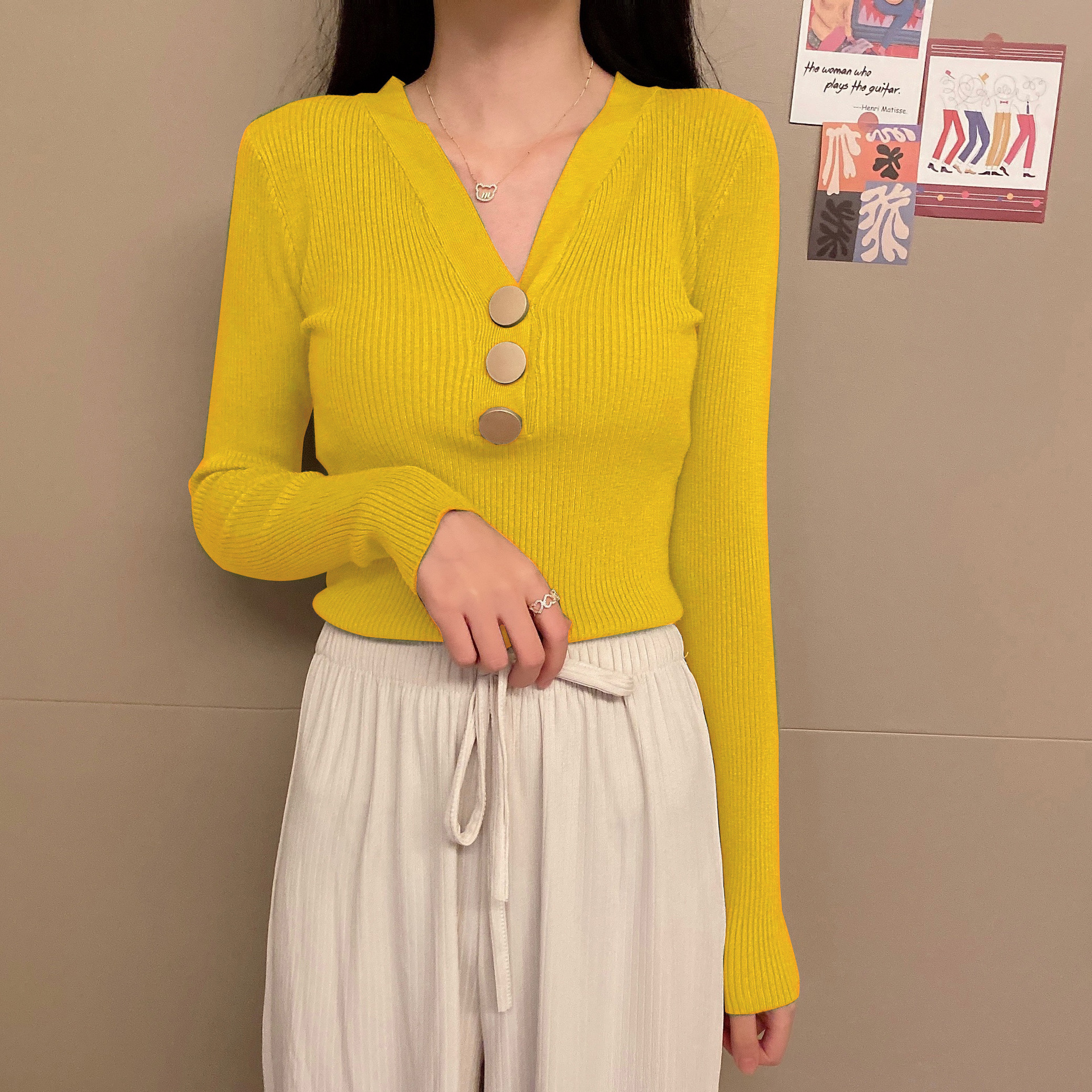 Women's Autumn And Winter V-neck Button Knit Sweater Top