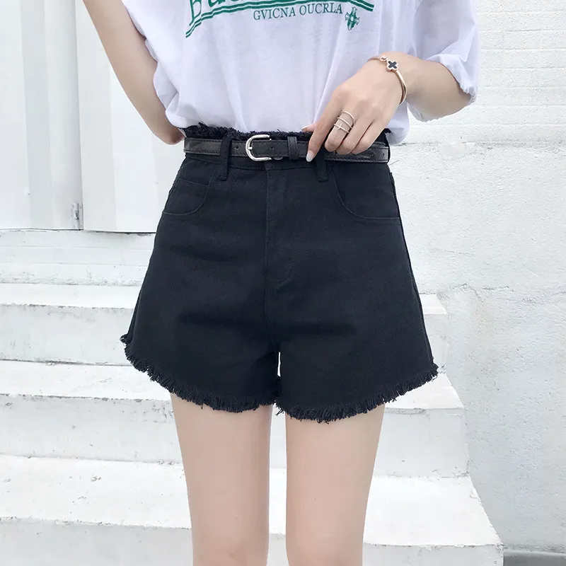 Women's Summer Loose High Waist Denim Shorts - Black