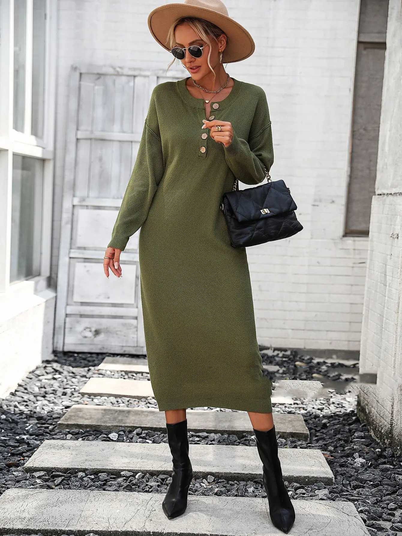 European And American Button Knitwear Dress