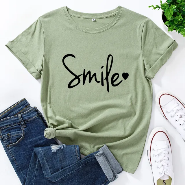 Women's Cotton Loose Round Neck Letter Printing Short sleeved T shirt Women Olive - Shop at LoveMi