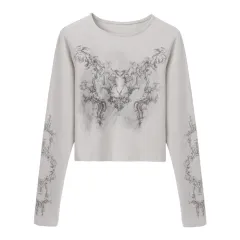 Vintage Printed Short T-shirt In Early Autumn New Slim Long Sleeve Design Top Women - Apricot White - View 1