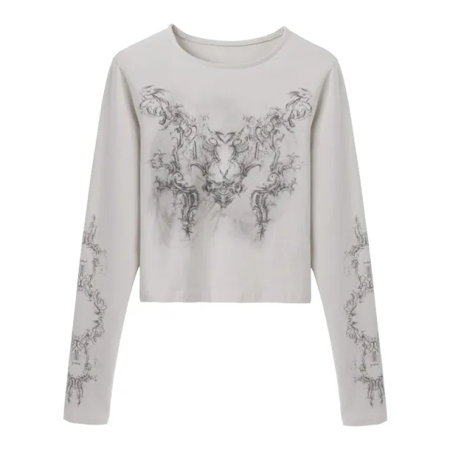 Vintage Printed Short T shirt In Early Autumn New Slim Long Sleeve Design Top Women White - Shop at LoveMi