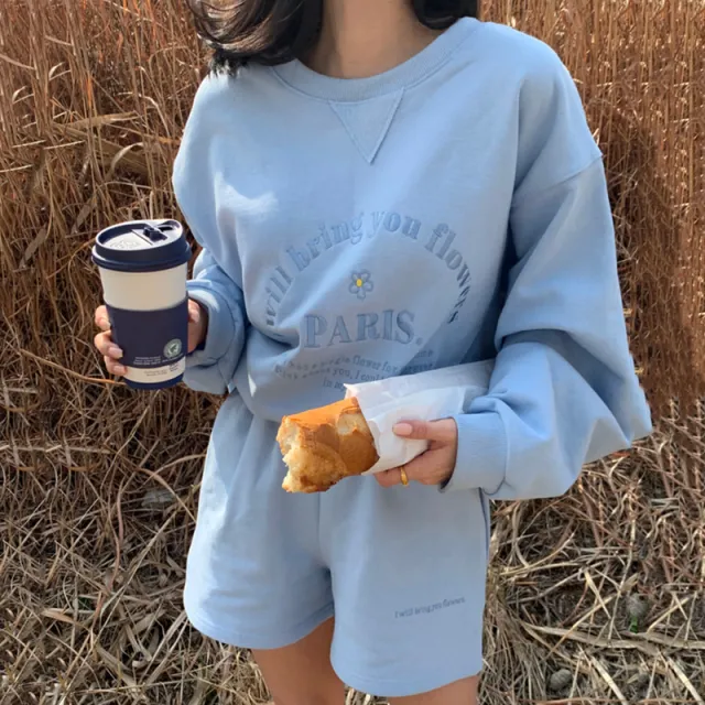 Round Neck Embroidered Letter Sweater Casual Shorts Suit Women Blue Sweater - Shop at LoveMi