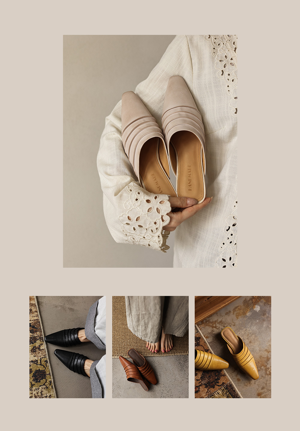 Close-up of full-grain sheepskin upper with ruched detail and square toe silhouette