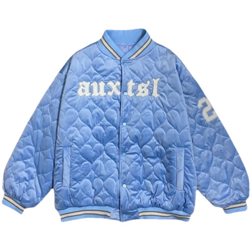 American Retro Love Embroidery Letter Corduroy Coat Blue - Shop at LoveMi