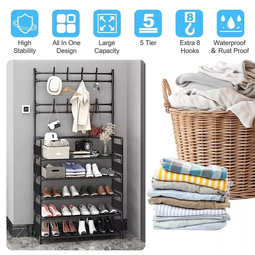 Coat and hat stand 8 hooks metal shoe rack 5 tiers shelf