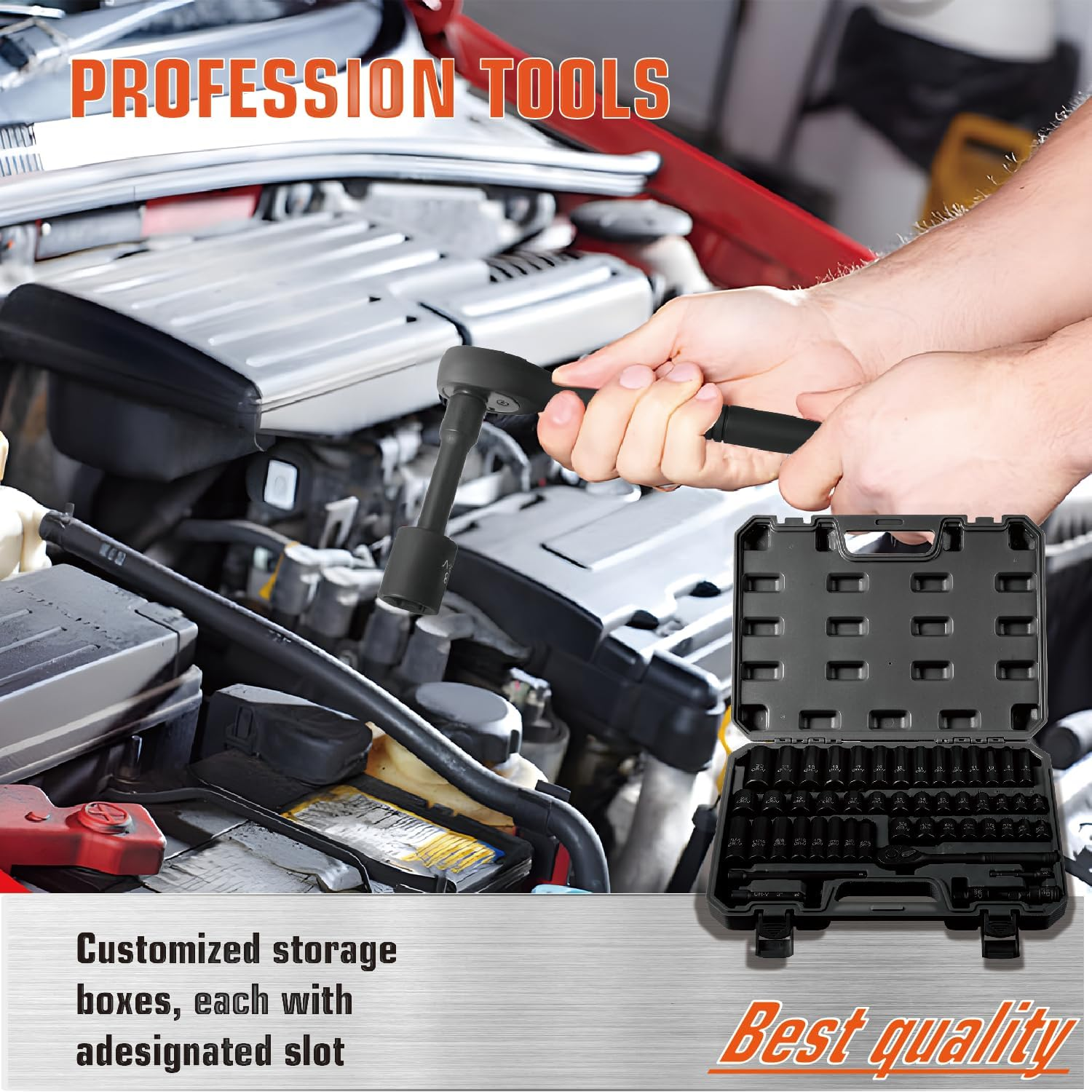Drive Impact Socket Set 50-Piece, SAE & Metric , Deep & Shallow With  Ratchet Handle, 6 Points,Cr-V, Extension Bars, Universal Joint, Gift For Men