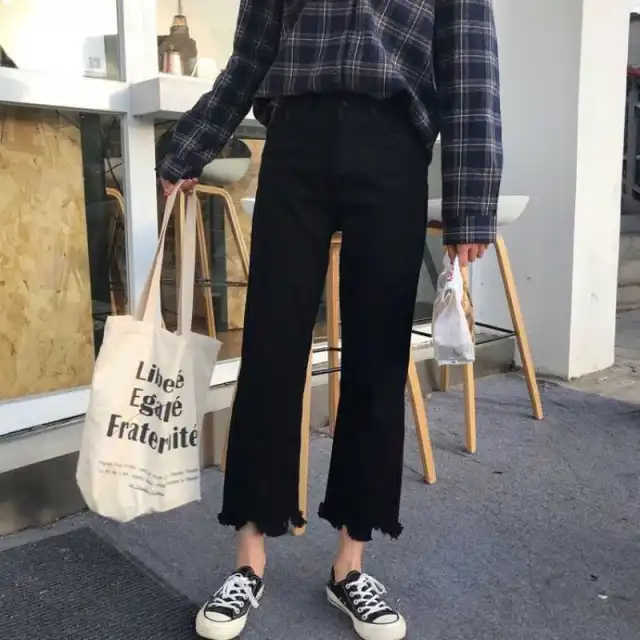 Women's High waisted Jeans Korean Style Plus Size Slim Slim Nine point Straight leg Pants Black - Shop at LoveMi