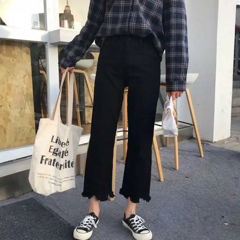 Women's High-waisted Jeans Korean Style Plus Size Slim Slim Nine-point Straight-leg Pants - Black