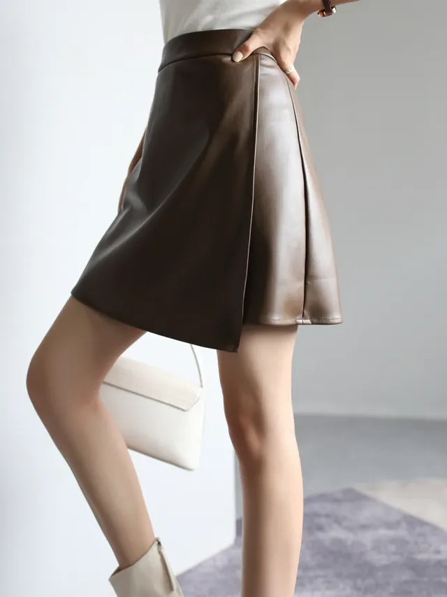 High Waist Pu Leather A line Small Leather Skirt Wrapped Hip Skirt Female Split Short Skirt Brown - Shop at LoveMi