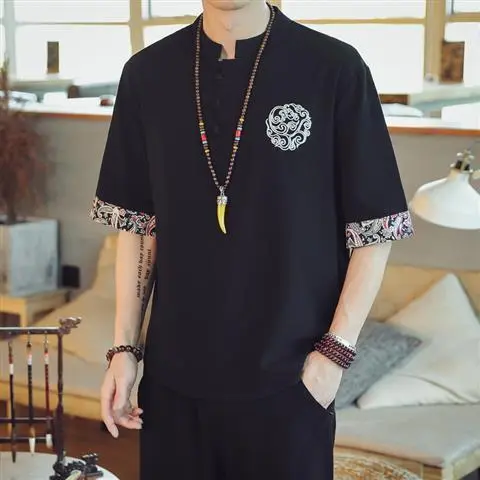 Cotton And Linen Retro Outfit Ethnic Short sleeved Black - Shop at LoveMi