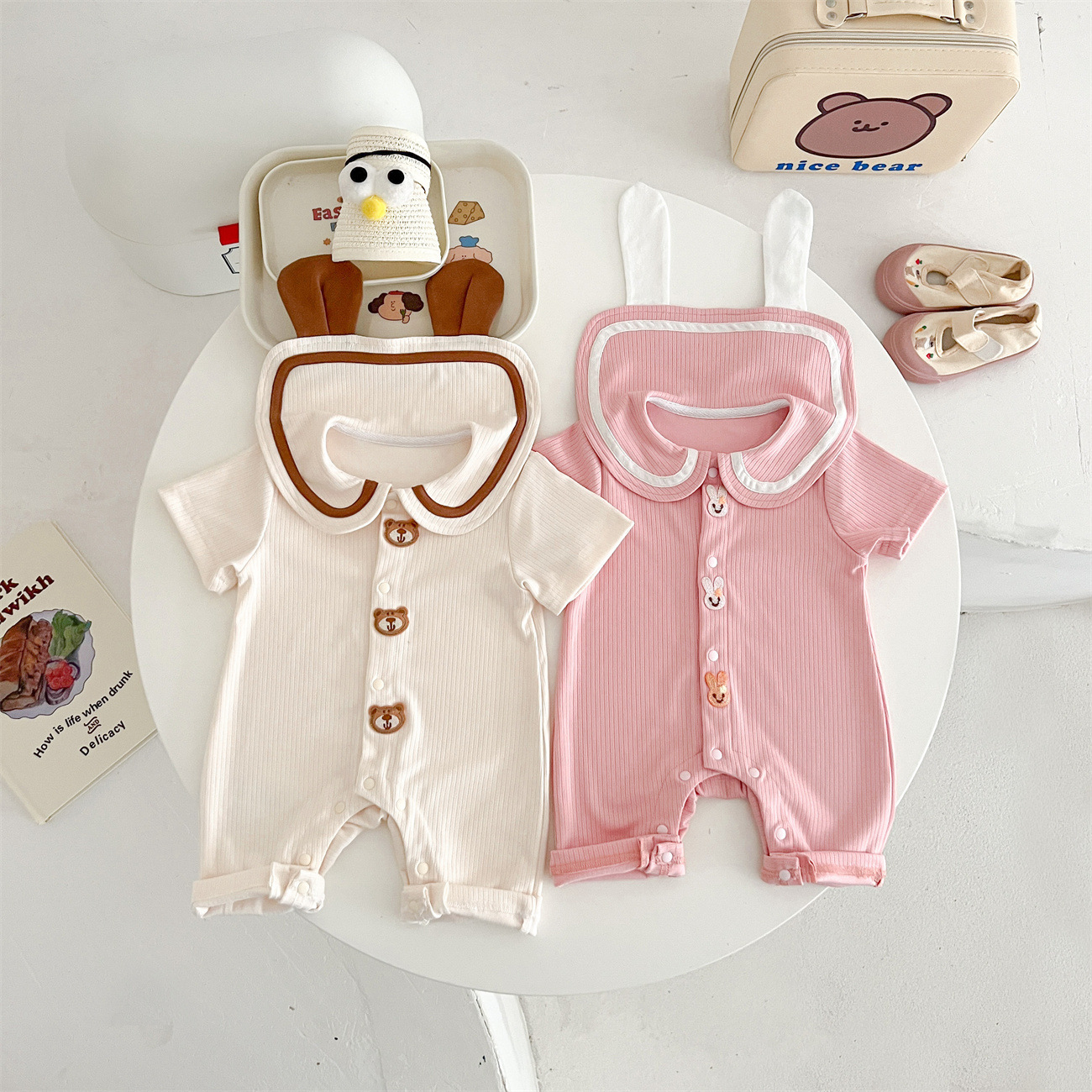 Baby Bear Rabbit Ear Jumpsuit Summer Sunken Stripe Cotton Going Out Clothes