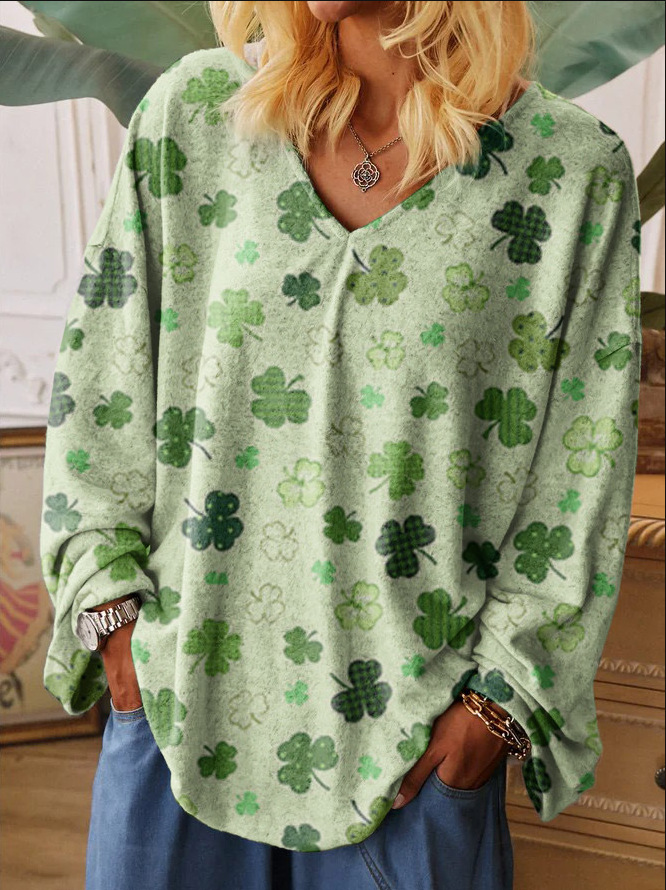 Shamrock Printed V-neck Loose Long Sleeve T-Shirt