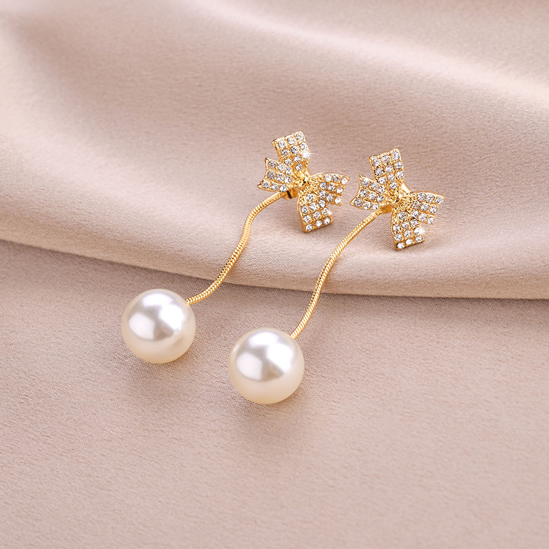 Bowknot Fringe Pearl Temperament Modified Face Earrings