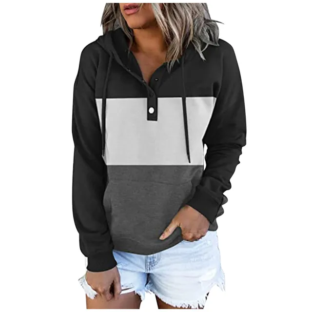 Women's Colorblock Fleece V Neck Hooded Drawstring Pullover Sweatshirt Black - Shop at LoveMi