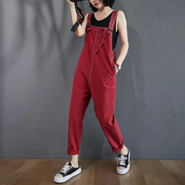 Summer New Loose High Waist Denim Overalls Red - Shop at LoveMi