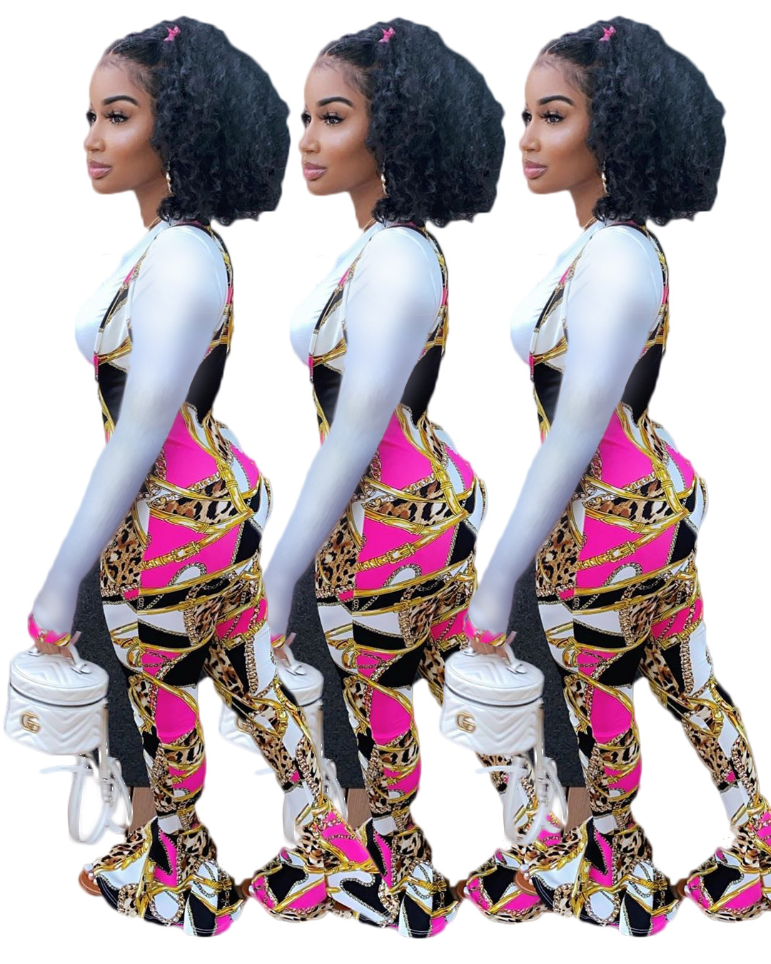 Fashion Print Flared Slim Bib Set