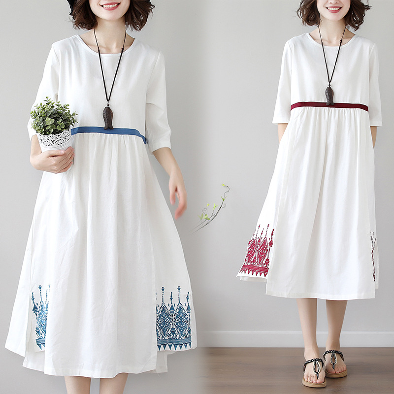 Ethnic Embroidery Contrast Stitching Cotton And Linen Dress