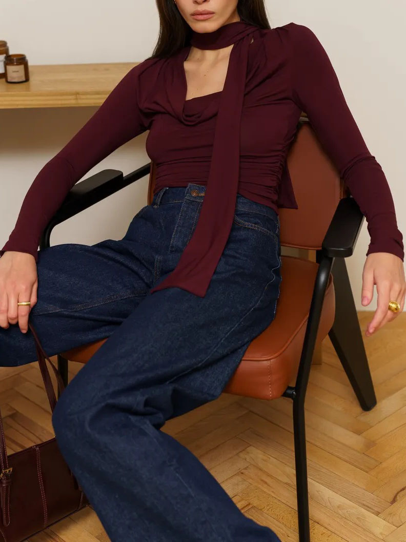 Ribbon V-neck Scarf Long-sleeved Base Shirt - Image 25