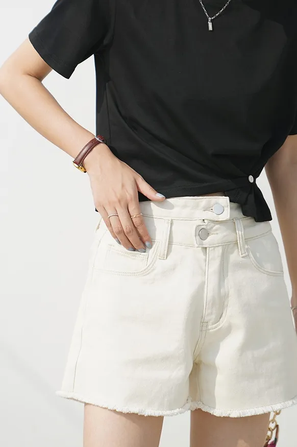 Women's All match Beige Fringe Denim Shorts Beige - Shop at LoveMi