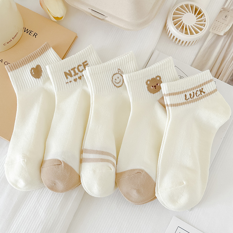 Breathable Mesh Low-Cut Cute Bear Socks for Women, Thin