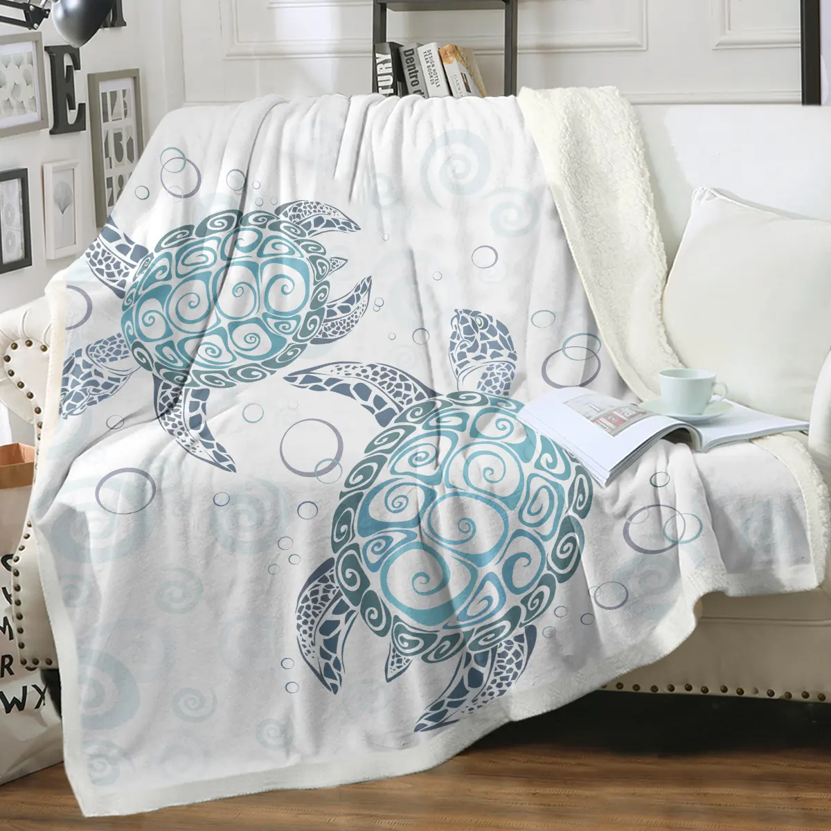 Sea Turtle Blanket Aqua Teal Blue Sherpa