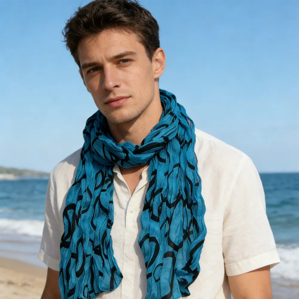 Turquoise Printed Crinkle Scarf, Use As Sarong