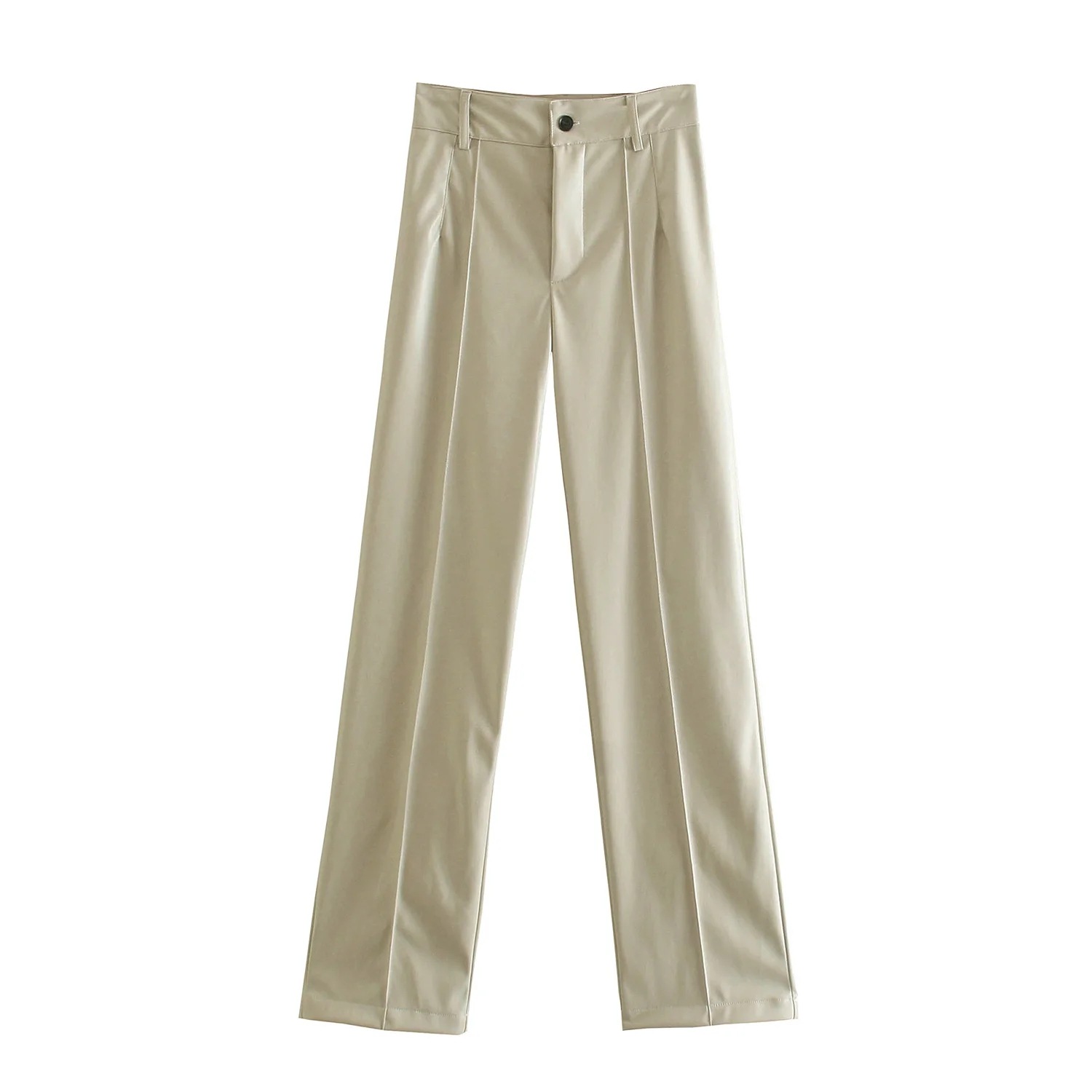 Wide Tube Women's Slim PU Leather Straight Trousers Khaki - Shop at LoveMi