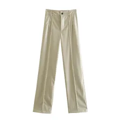 Wide Tube Women's Slim PU Leather Straight Trousers - Khaki - View 1