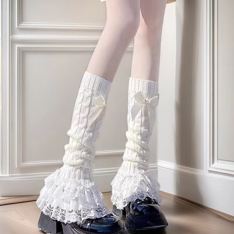 Coquette Cable Knit Leg Warmers With Lace Ruffle & Satin Bow, White Slouchy Lolita Leg Warmers For Platform Shoes & Balletcore