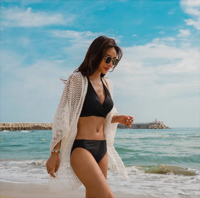 Swimsuit Women Fashion Sexy Slim Slimming Small Breasts Gather Beach Beach Bikini Swimwear Black - Shop at LoveMi