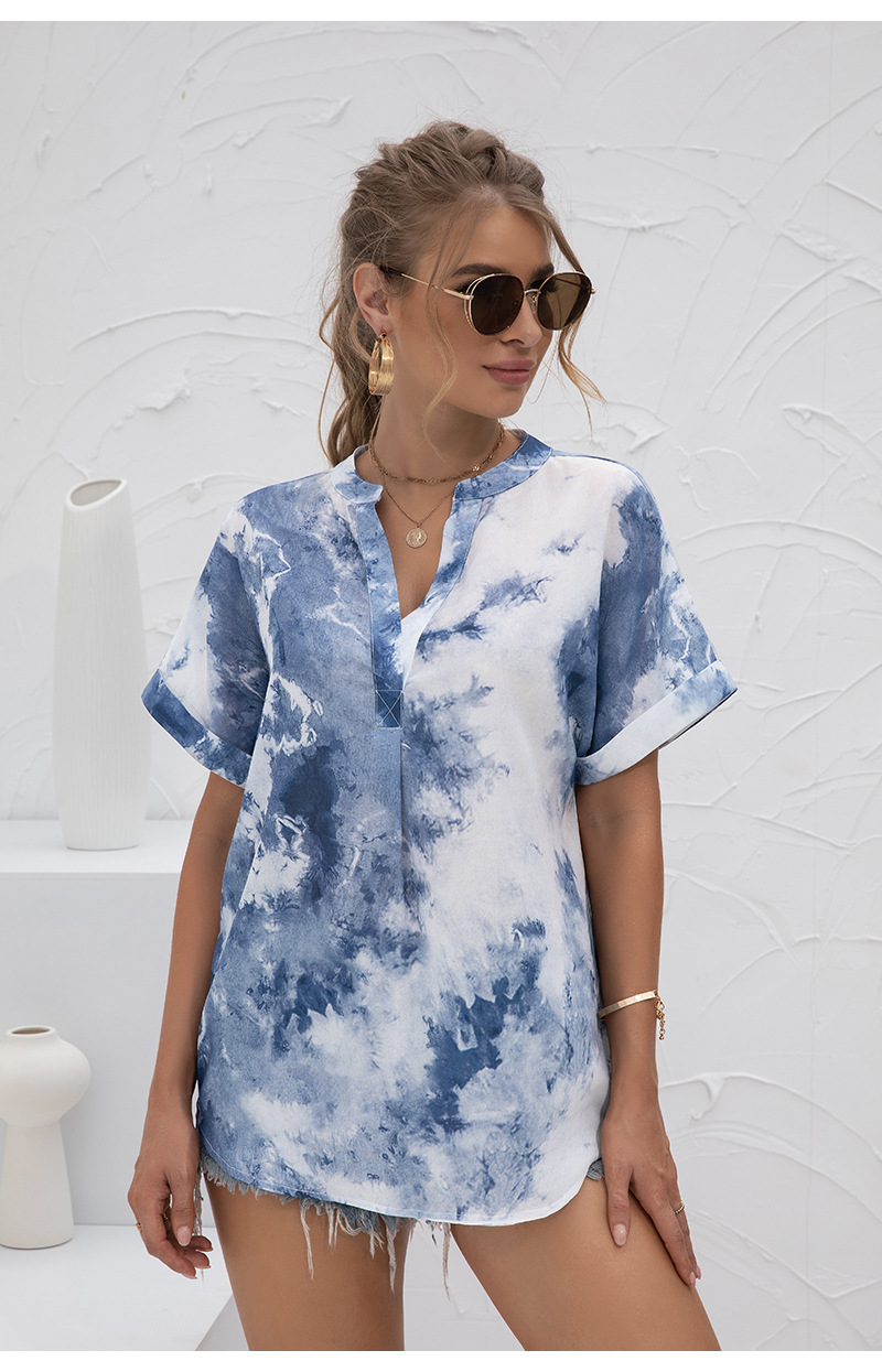 Title 7, Ladies V-neck Tie-dye Printing Casual T-shirt C...