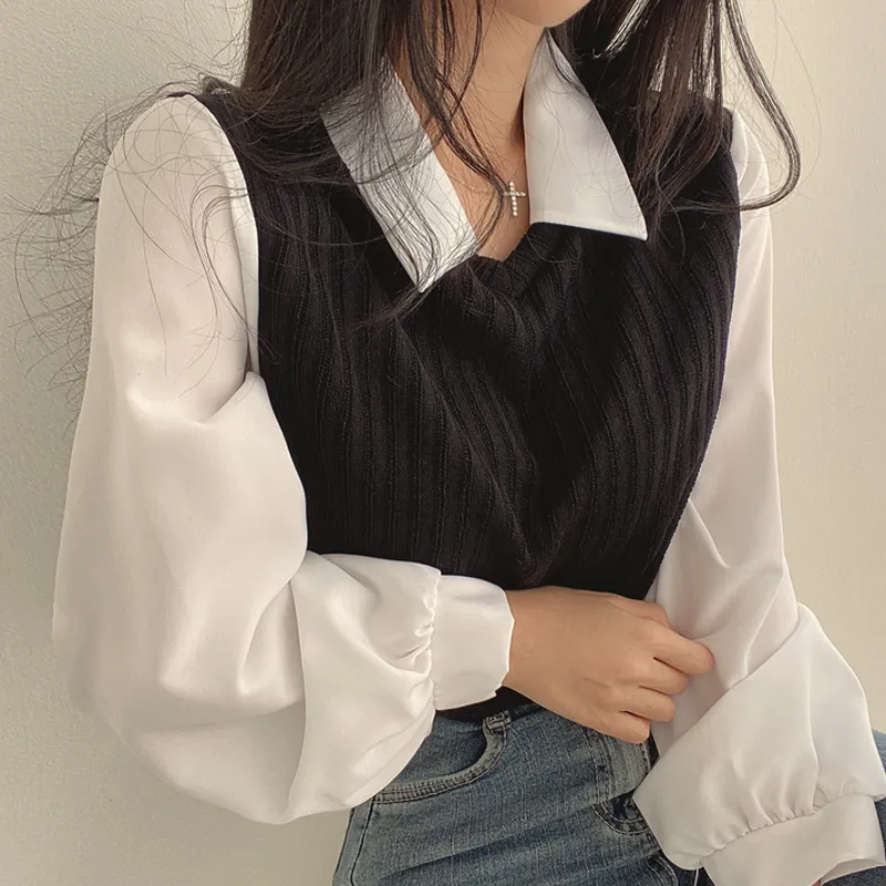 French Retro Fashion Knitted Fake Two Pieces Stitching Short Shirt Female - Black