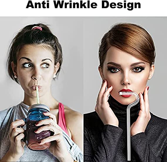 Glass drinking straw and cleaning brush set with flute style design for engaging lips horizontally, anti-wrinkle, and reusable.