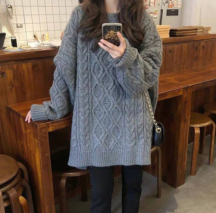 Lazy Style Sweater Women Loose Twist Mid-length Sweater