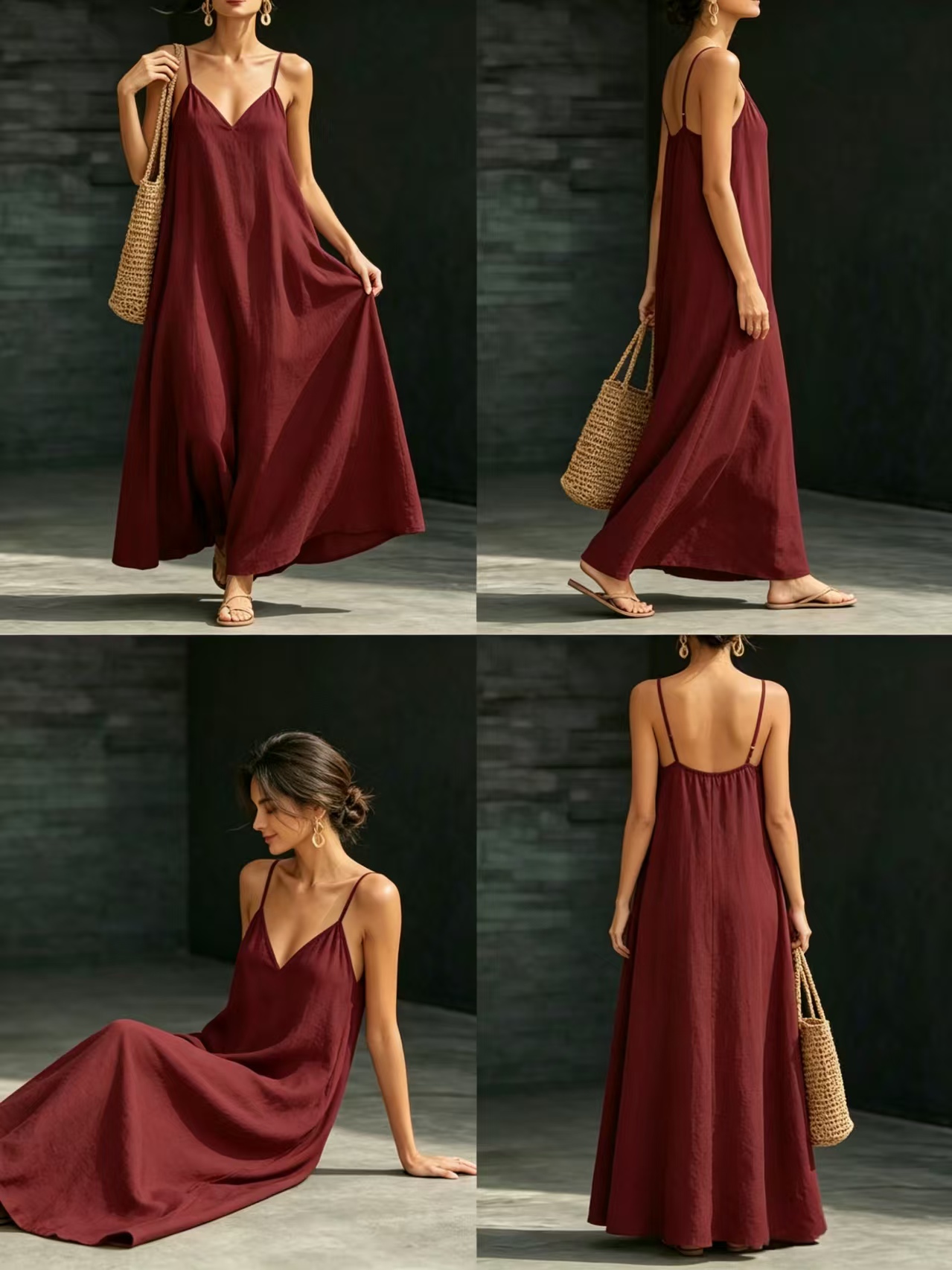 Solid Color V Neck Spaghetti Strap Maxi Dress Women Casual Flared Hem Long Dress