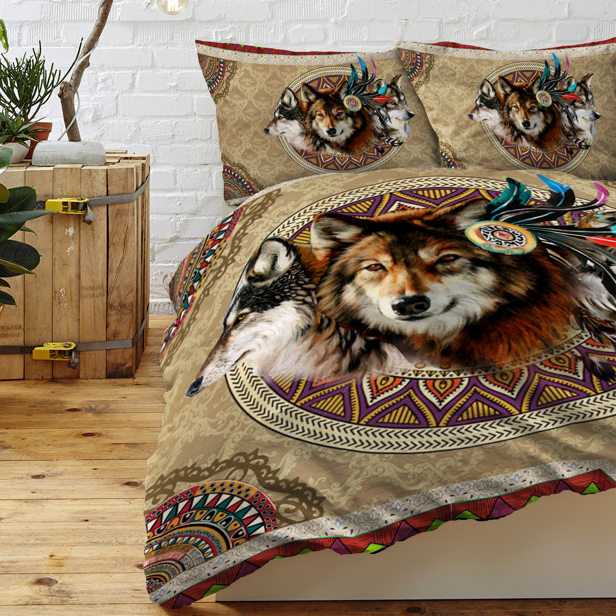 Wolf Duvet Cover Set 3 Pcs Retro Brown Tribal Boho Grid Bedding Comforter For... 2