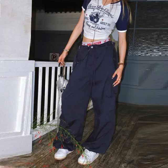 Ruffled And Bound Feet, Retro Street High Street Hot Girls' Overalls Navy Blue Lengthen - Shop at LoveMi