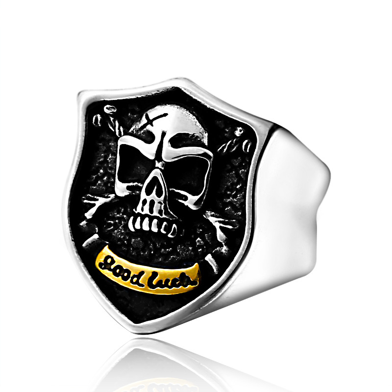 Stainless Steel Gold Plated Men's GOOD LUCK Lucky Skull Ring