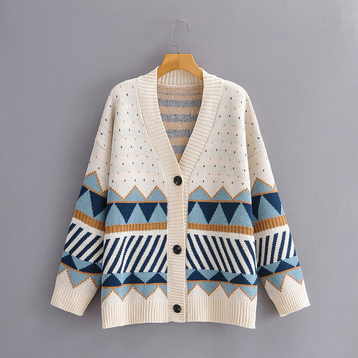 Jacquard Diamond Block Loose Knit Cardigan Sweater Coat