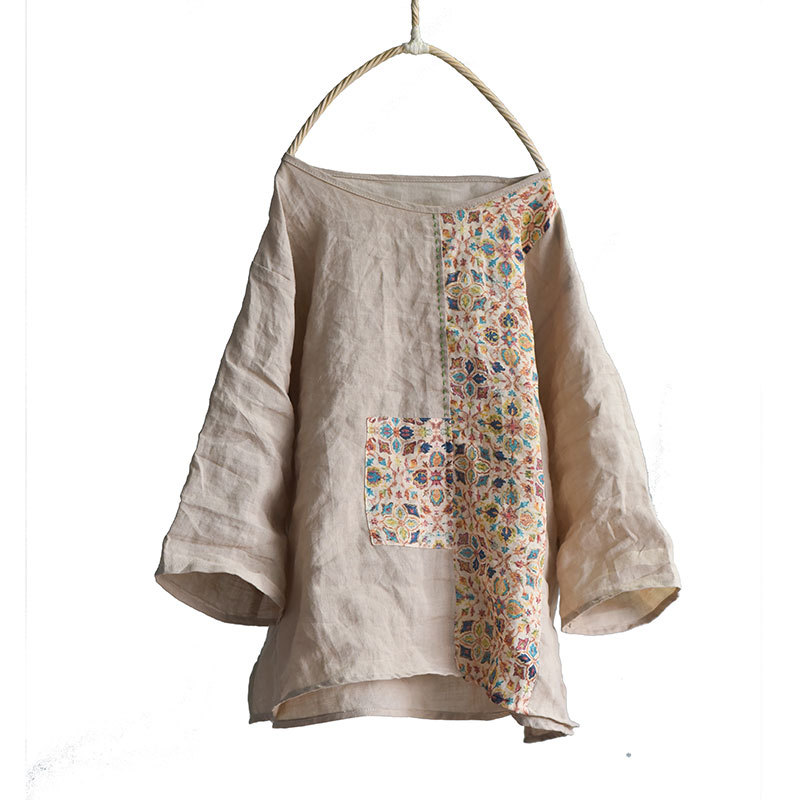 Casual Retro Hit Color Micro-sleeve Hand-embroidered Top T-shirt