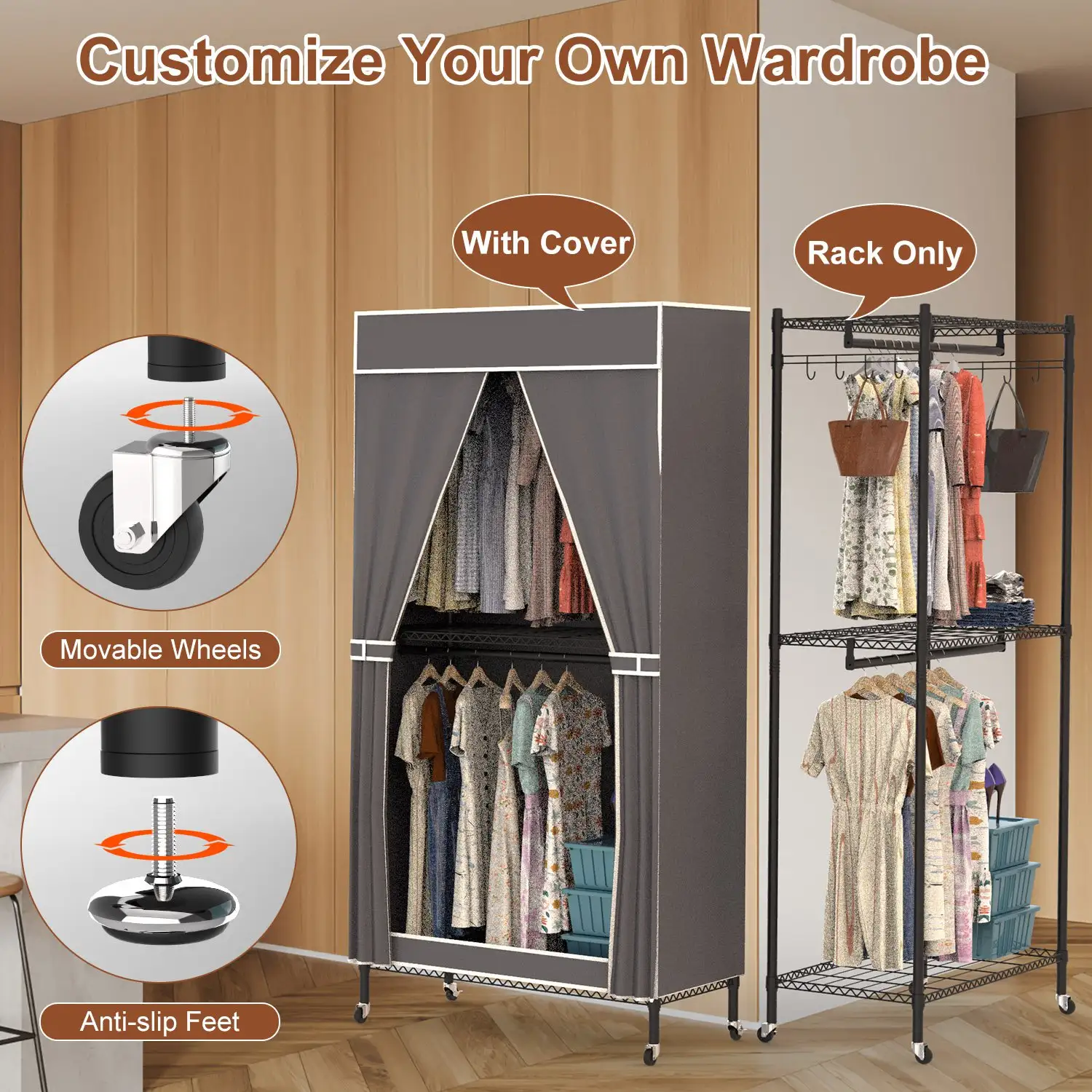 1Pc 2 Tier Foldable Clothing Rack With Cover Portable Wardrobe Closet Covered Garment Rack With 4 Wheels 2 Hanging Rods 2 Hook Racks 35.43x17.13x72.44in
